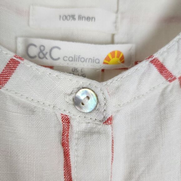 C&C California Top White Linen Red Stripes Sleeveless Button Up Shirt Blouse L - Picture 4 of 14